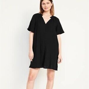 Black Crinkle Gauze Mini Swing Dress